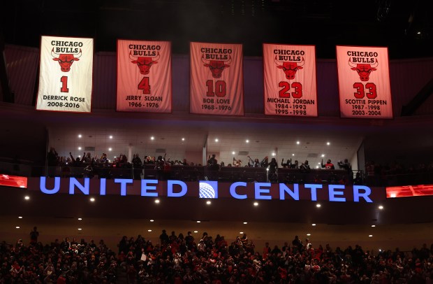 A new banner honoring Derrick Rose hangs after its unveiling during a ceremony to retire his No. 1 jersey by the Chicago Bulls at the United Center, Jan. 24, 2026. Maria Estela Parra and sister-in-law Guadalupe Rinconeño worked on Rose's No. 1 retirement jersey for about eight months. (Chris Sweda/Chicago Tribune)