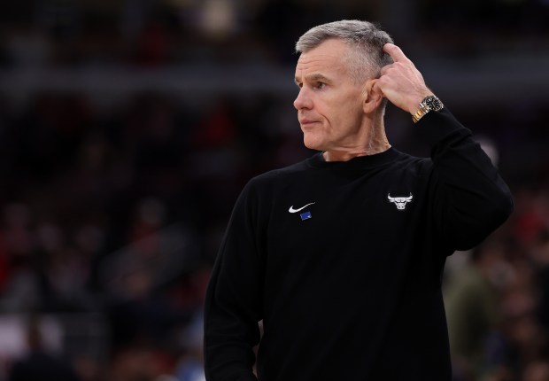 Chicago Bulls Head Coach Billy Donovan looks on from the bench in the second half of a game against the Brooklyn Nets at the United Center in Chicago on Dec. 3, 2025. (Chris Sweda/Chicago Tribune)