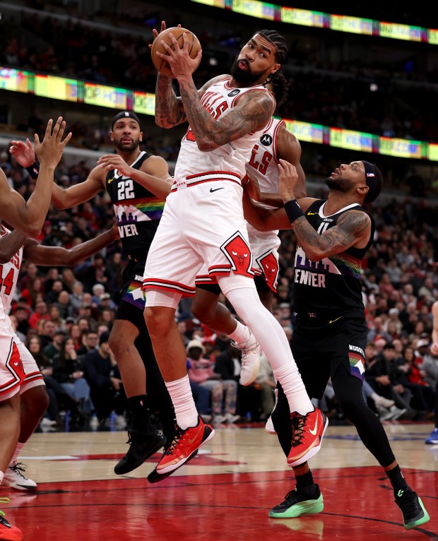 Chicago Bulls center Nick Richards (13) pulls down a rebound in the first half of a game against the Denver Nuggets at the United Center in Chicago on Feb. 7, 2026. (Chris Sweda/Chicago Tribune)