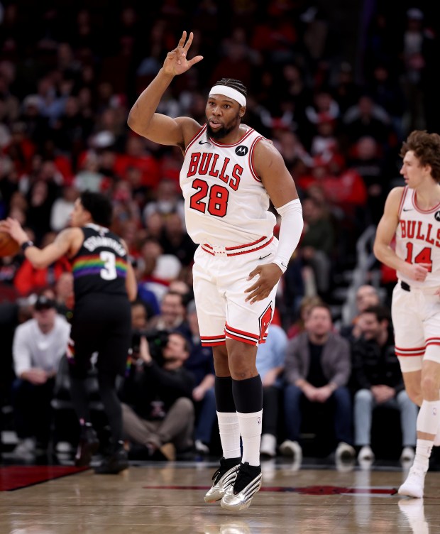 Chicago Bulls center/forward Guerschon Yabusele (28) celebrates after hitting a 3-pointer in the first half of a game against the Denver Nuggets at the United Center in Chicago on Feb. 7, 2026. (Chris Sweda/Chicago Tribune)