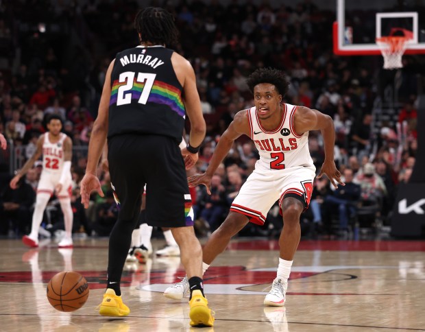 Chicago Bulls guard Collin Sexton (2) defends against Denver Nuggets guard Jamal Murray (27) in the second half of a game at the United Center in Chicago on Feb. 7, 2026. (Chris Sweda/Chicago Tribune)