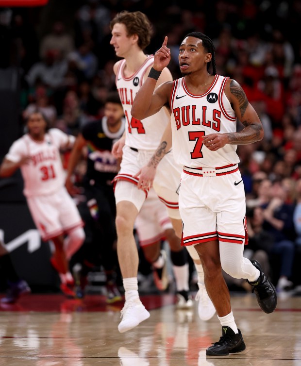 Chicago Bulls guard Rob Dillingham (7) celebrates after hitting a shot in the first half of a game against the Denver Nuggets at the United Center in Chicago on Feb. 7, 2026. (Chris Sweda/Chicago Tribune)