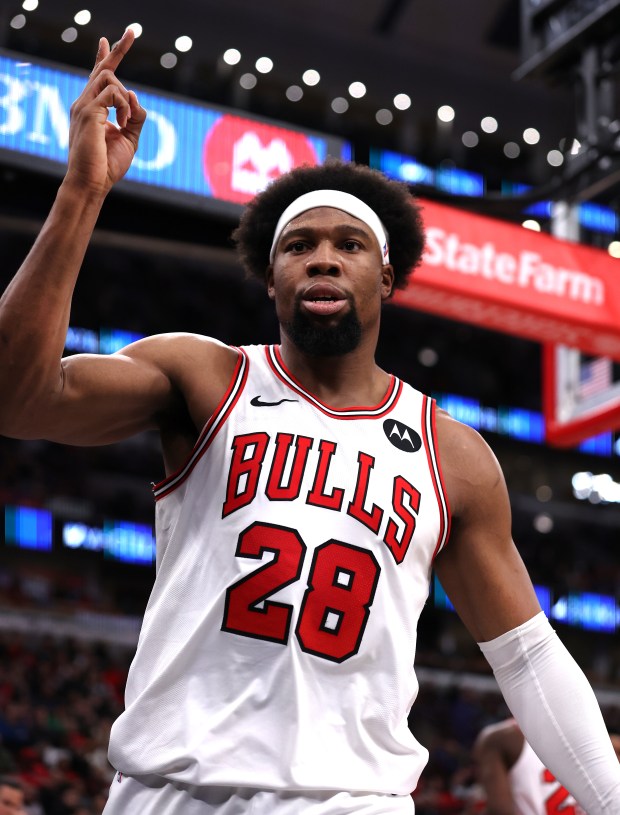 Chicago Bulls forward Guerschon Yabusele (28) celebrates after scoring while being fouled in the first half of a game against the Detroit Pistons at the United Center in Chicago on Feb. 21, 2026. (Chris Sweda/Chicago Tribune)
