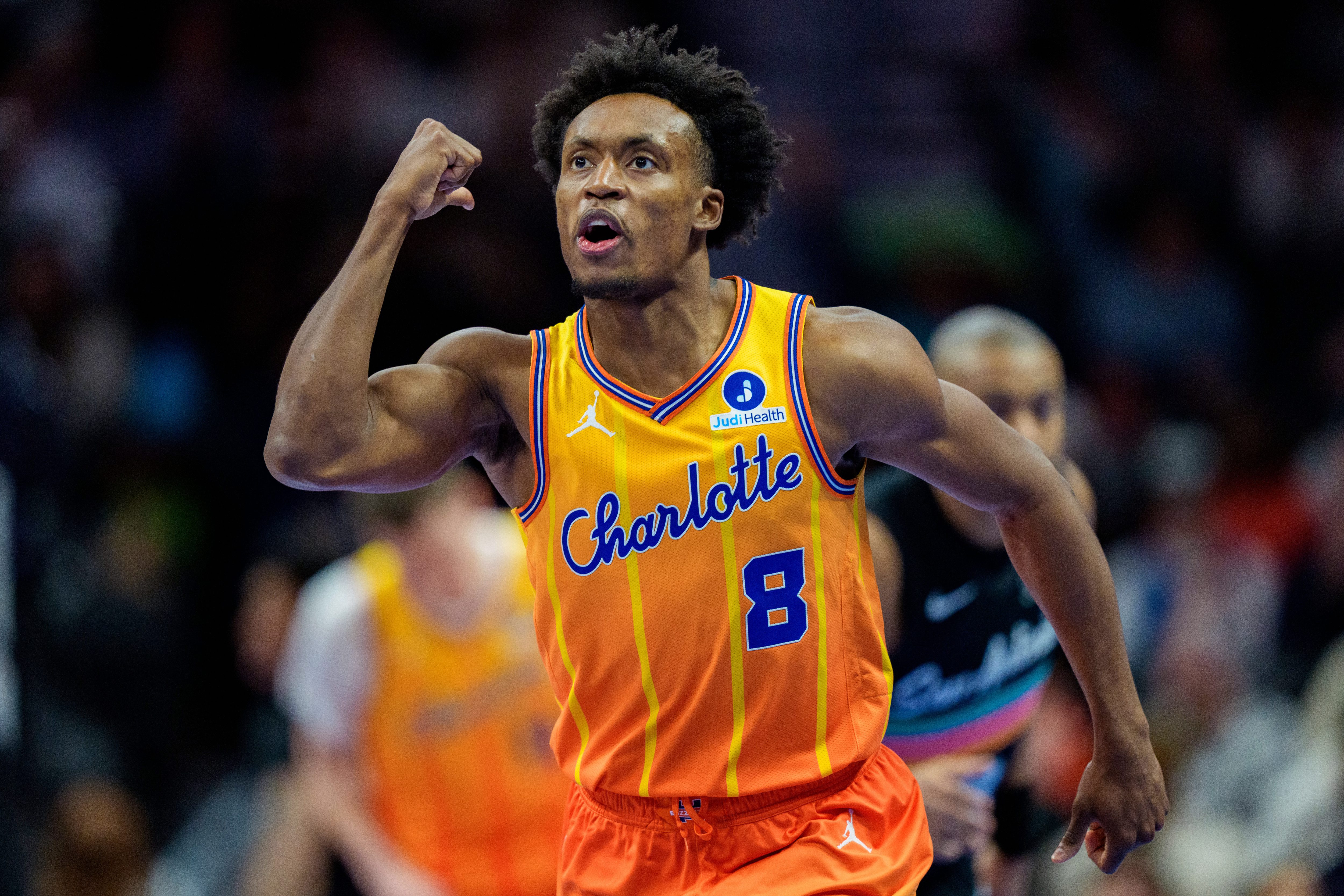Hornets' Collin Sexton reacts in the second half against the...