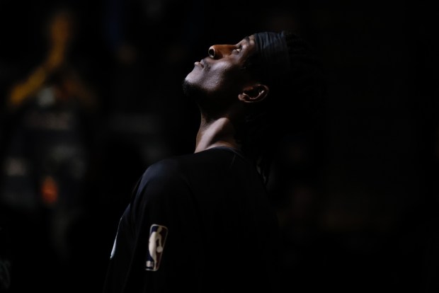 Timberwolves forward Leonard Miller looks on before a game against the Nets on Dec. 27, 2025, in Minneapolis. (Bailey Hillesheim/AP)
