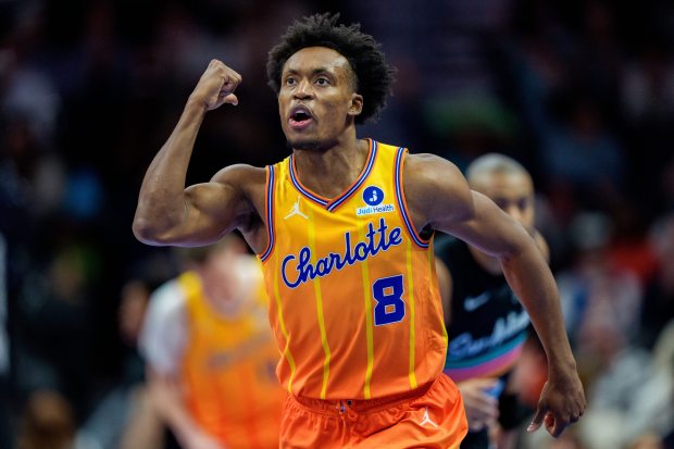 Hornets guard Collin Sexton reacts against the Spurs on Jan. 31, 2026, in Charlotte, N.C. (Jacob Kupferman/Getty Images)