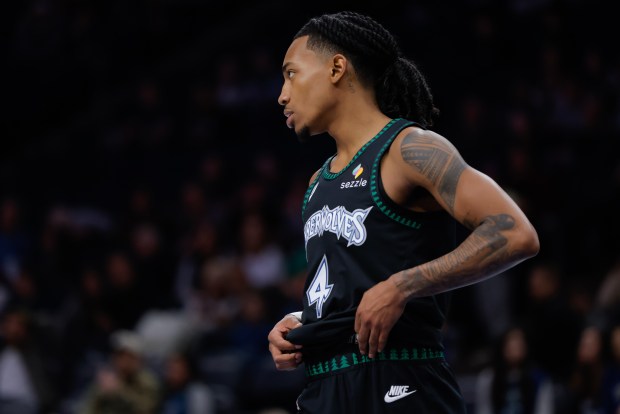 Timberwolves guard Rob Dillingham looks on during the second half against the Nets on Dec. 27, 2025, in Minneapolis. (Bailey Hillesheim/AP)