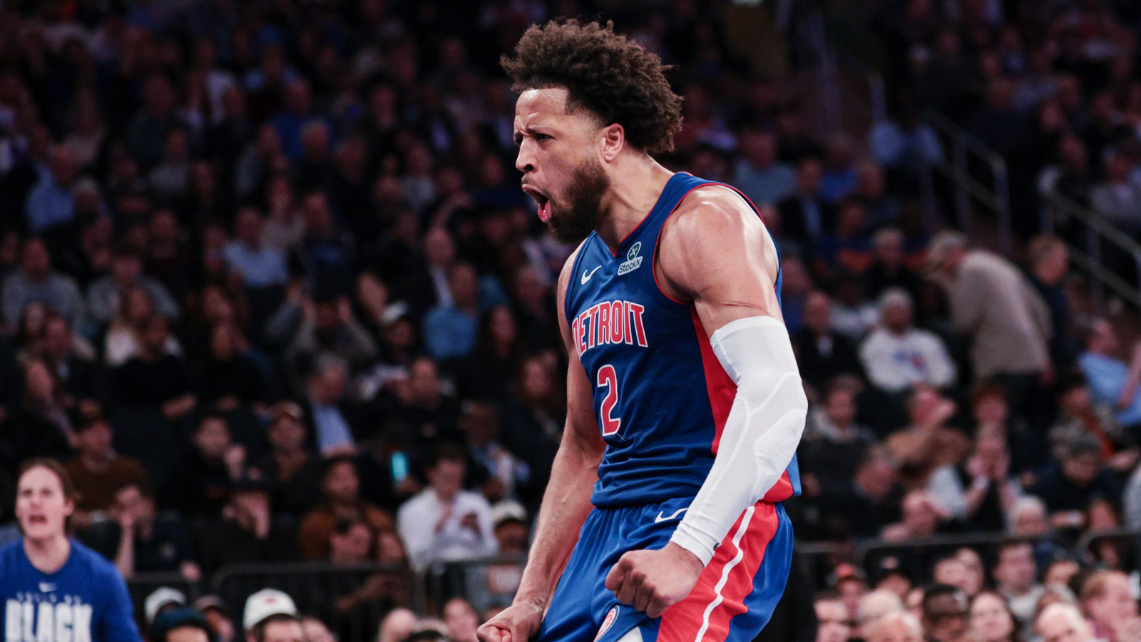 Detroit Pistons guard Cade Cunningham (2) reacts after a dunk during the second half against the New York Knicks at Madison Square Garden.