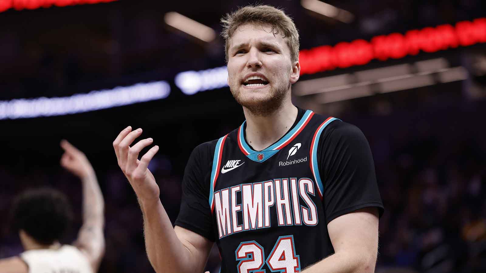 Memphis Grizzlies guard Cam Spencer (24) speaks to the referee during the fourth quarter against the Golden State Warriors at Chase Center.
