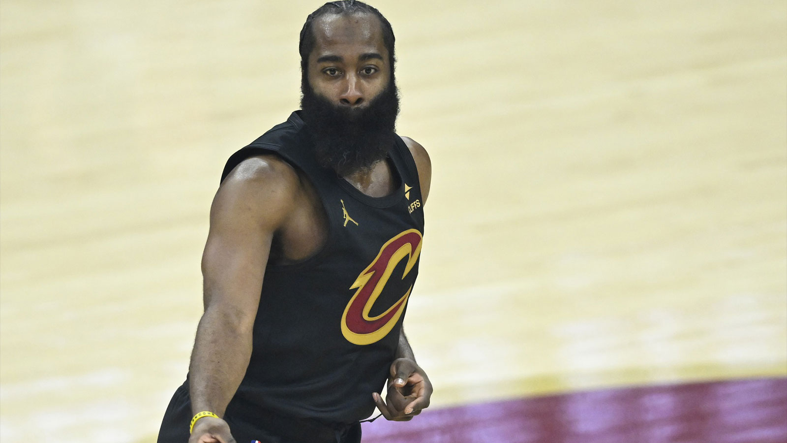 Cavaliers guard James Harden (1) celebrates his three-point basket in the first quarter against the Washington Wizards at Rocket Arena