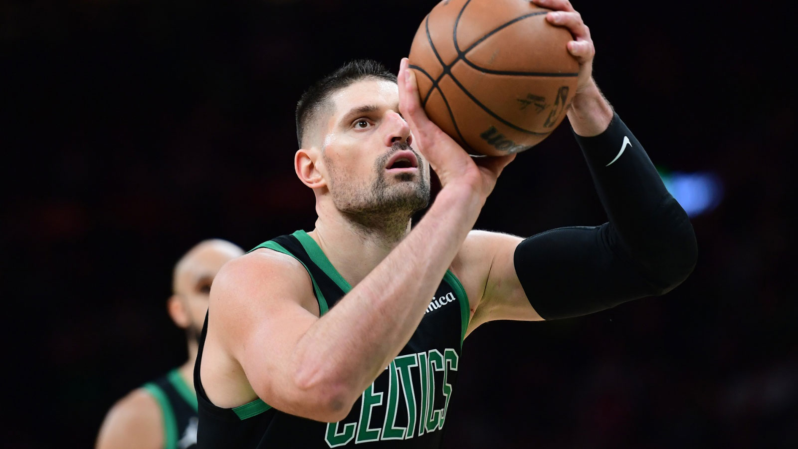 Celtics center Nikola Vucevic (4) shoots a free throw during the second half against the Miami Heat at TD Garden