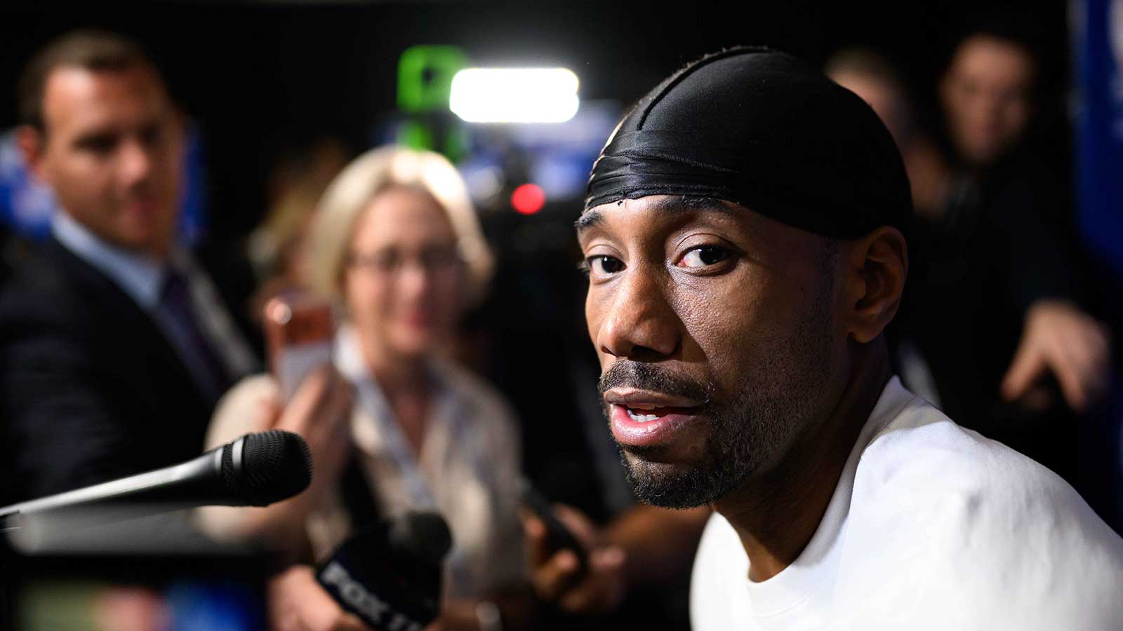 Kawhi Leonard speaks during interviews at media day at Intuit Dome