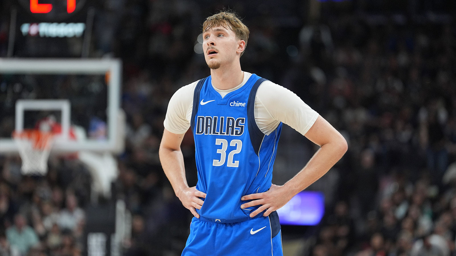 Dallas Mavericks forward Cooper Flagg (32) looks on in the first half against the San Antonio Spurs at Frost Bank Center.