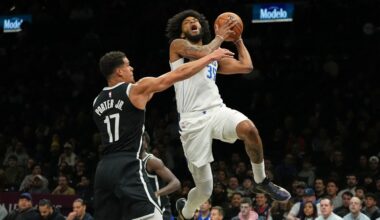 Dallas Mavericks' Marvin Bagley III (35) and Brooklyn Nets' Michael Porter Jr. (17) during the first half of an NBA basketball game Tuesday, Feb. 24, 2026, in New York. (AP Photo/Frank Franklin II)