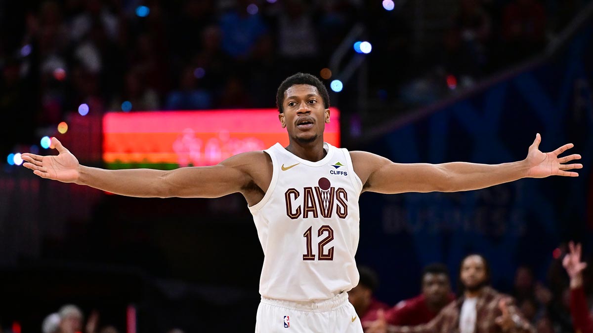 Cleveland Cavaliers guard De'Andre Hunter (12) celebrates after hitting a three point basket against the Milwaukee Bucks during the second half at Rocket Arena.