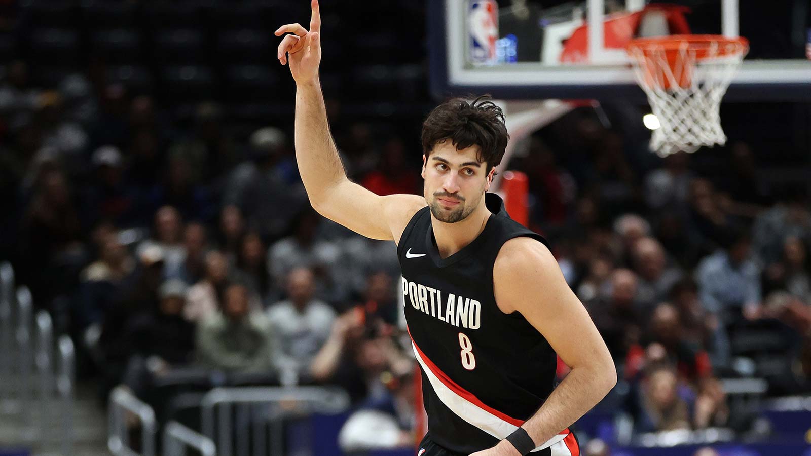 Portland Trail Blazers forward Deni Avdija (8) celebrates during the second half against the Washington Wizards at Capital One Arena. Mandatory Credit: Daniel Kucin Jr.-Imagn Images