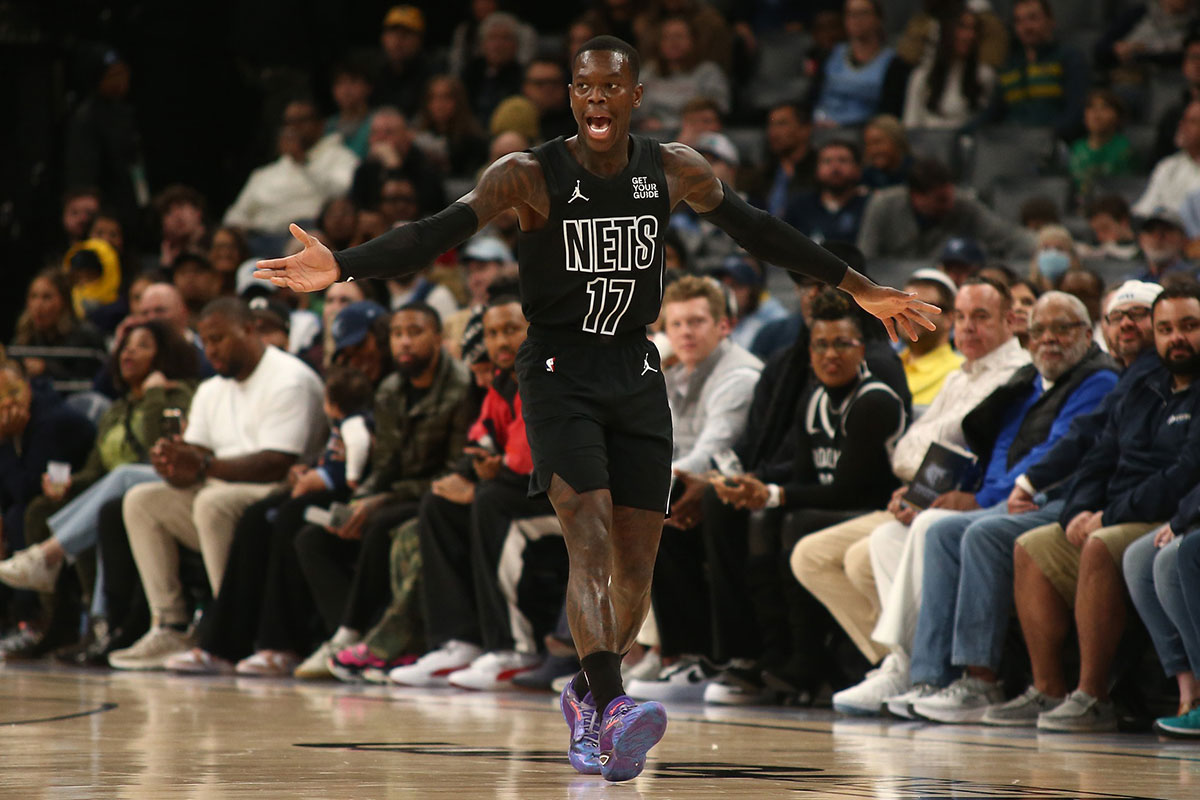 Dec 13, 2024; Memphis, Tennessee, USA; Brooklyn Nets guard Dennis Schroder (17) reacts during the first quarter against the Memphis Grizzlies at FedExForum. Mandatory Credit: Petre Thomas-Imagn Images