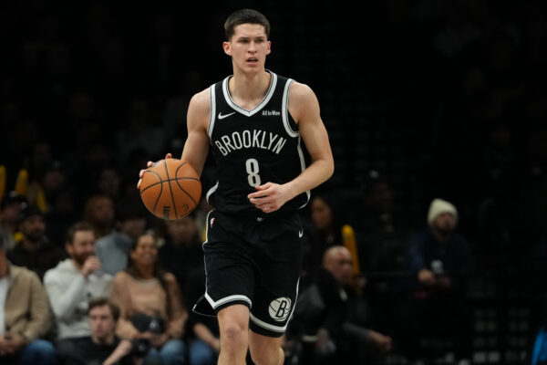 Brooklyn Nets' Egor Dëmin (8) during the second half of an NBA basketball game against the Dallas Mavericks Tuesday, Feb. 24, 2026, in New York. (AP Photo/Frank Franklin II)