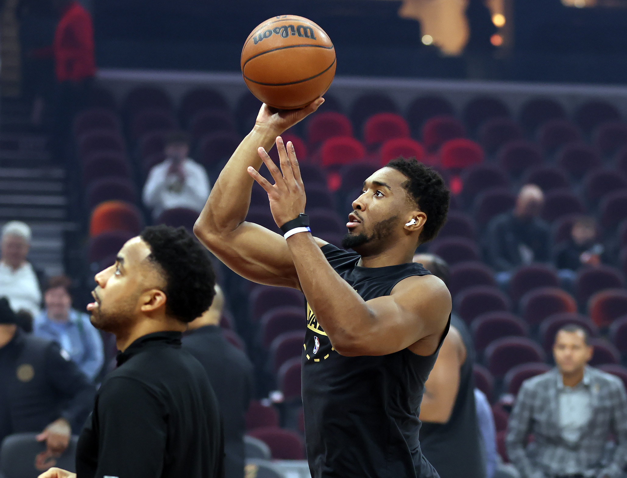 Cleveland Cavaliers guard Donovan Mitchell warms up before the game against the Washington Wizards. 