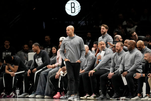 Brooklyn Nets head coach Jordi Fernandez looks on during the first half of an NBA basketball game against the Chicago Bulls, Monday, Feb. 9, 2026, in New York. (AP Photo/Yuki Iwamura)