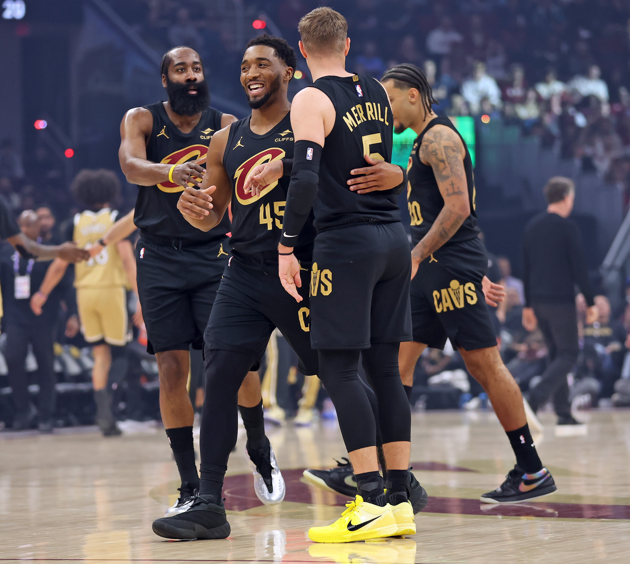 Cleveland Cavaliers players celebrate going into a time out against the Washington Wizards in the first half of play. 