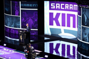 NEW YORK, NEW YORK - JUNE 23: NBA commissioner Adam Silver announces a pick by the Sacramento Kings during the 2022 NBA Draft at Barclays Center on June 23, 2022 in New York City. NOTE TO USER: User expressly acknowledges and agrees that, by downloading and or using this photograph, User is consenting to the terms and conditions of the Getty Images License Agreement. (Photo by Arturo Holmes/Getty Images)