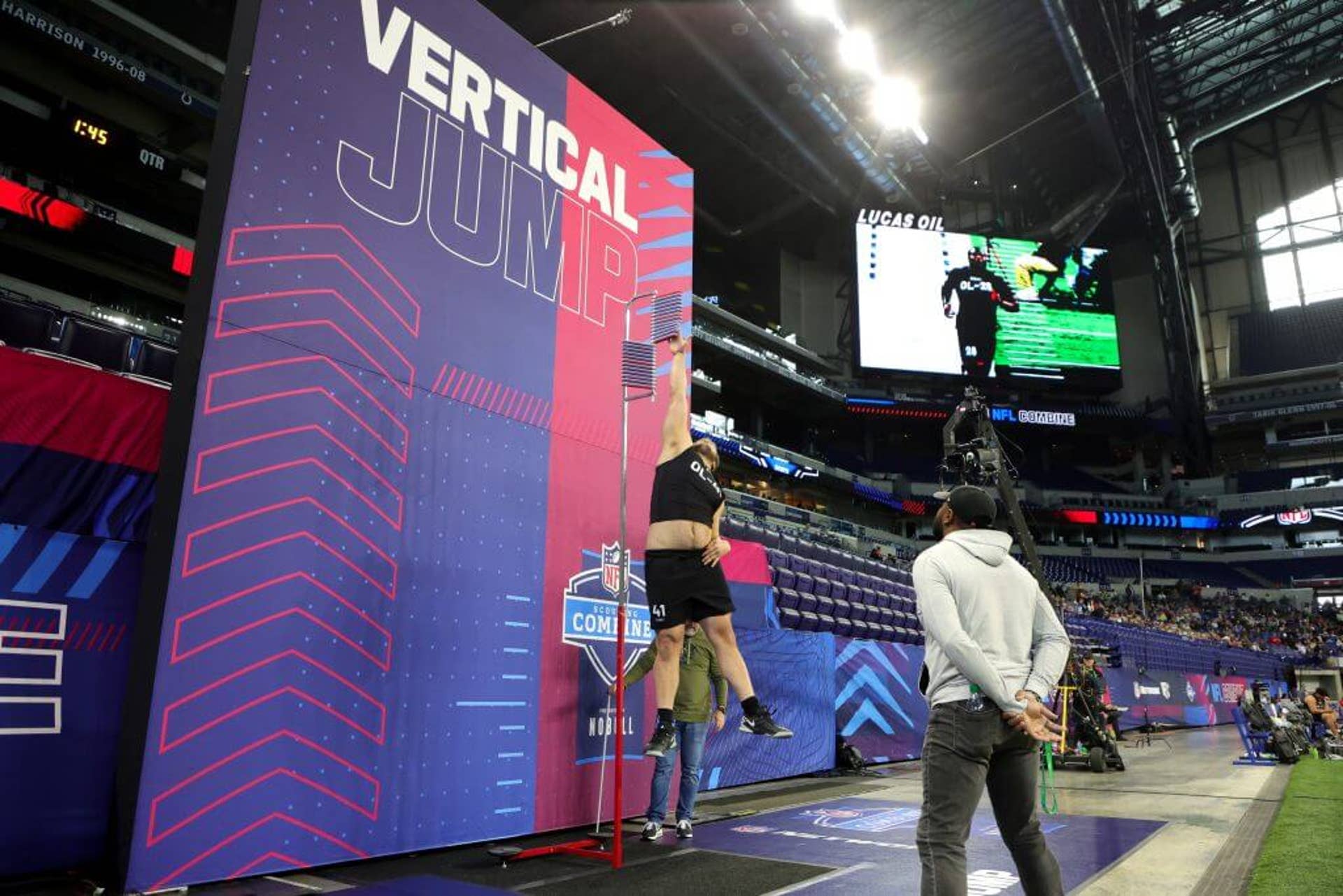 Peter Skoronski of Northwestern participates in the vertical jump during the 2025 NFL Combine at Lucas Oil Stadium.