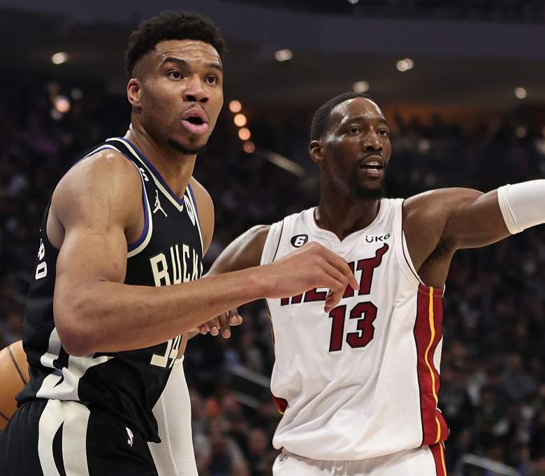 Milwaukee Bucks star Giannis Antetokounmpo and Bam Adebayo of the Miami Heat.