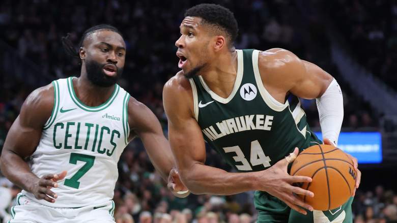 Giannis Antetokounmpo #34 of the Milwaukee Bucks is defended by Jaylen Brown #7 of the Boston Celtics. Antetokounmpo has re-ignited NBA trade rumors.