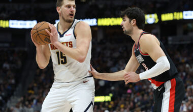 DENVER, COLORADO - FEBRUARY 10: Nikola Jokic #15 of the Denver Nuggets is guarded by Deni Avdija #8 of the Portland Trail Blazers in the first quarter at Ball Arena on February 10, 2025 in Denver, Colorado. NOTE TO USER: User expressly acknowledges and agrees that, by downloading and or using this photograph, User is consenting to the terms and conditions of the Getty Images License Agreement. (Photo by Matthew Stockman/Getty Images)