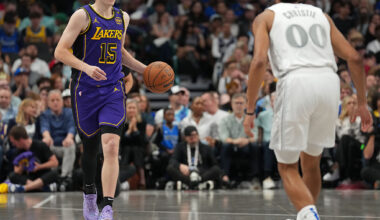 DALLAS, TX - APRIL 9: Austin Reaves #15 of the Los Angeles Lakers brings the ball up court during the game against the Dallas Mavericks on April 9, 2025 at American Airlines Center in Dallas, Texas. NOTE TO USER: User expressly acknowledges and agrees that, by downloading and or using this photograph, User is consenting to the terms and conditions of the Getty Images License Agreement. Mandatory Copyright Notice: Copyright 2025 NBAE(Photo by Glenn James/NBAE via Getty Images)
