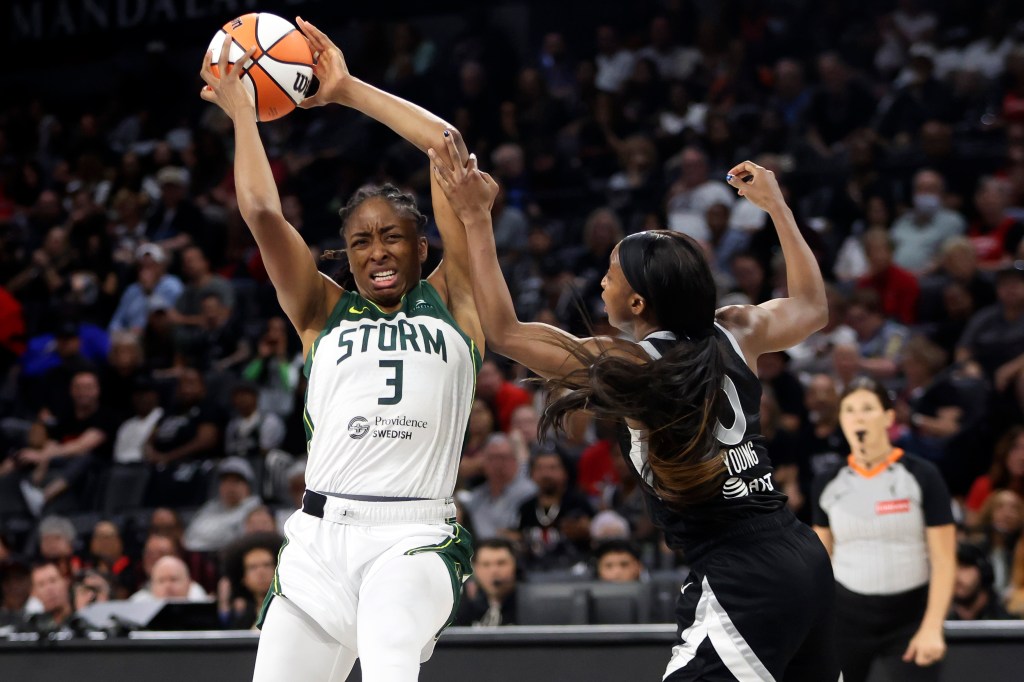 Nneka Ogwumike #3 of the Seattle Storm grabs a rebound against Jackie Young #0 of the Las Vegas Aces in the second quarter of Game Three of the 2025 WNBA Playoffs first round at Michelob ULTRA Arena on September 18, 2025 in Las Vegas, Nevada.
