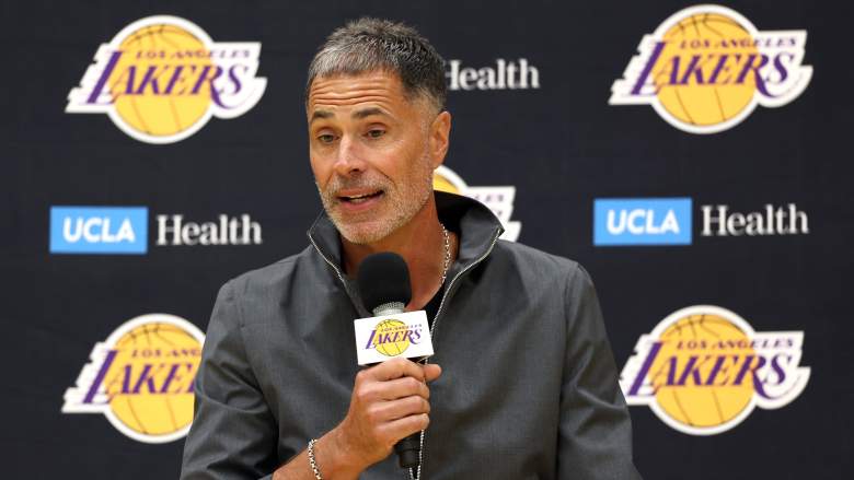 Lakers GM Reveals Luka Injury Update, Talks Kennard Trade And Buyout Market , Luka Doncic injury update, Lakers trade deadline, Lakers Luke Kennard trade, Lakers buyout market candidates and targets, Lakers Giannis Antetokounmpo offseason trade rumors, Lakers general manager Rob Pelinka speaks with reporters before Golden State Warriors game