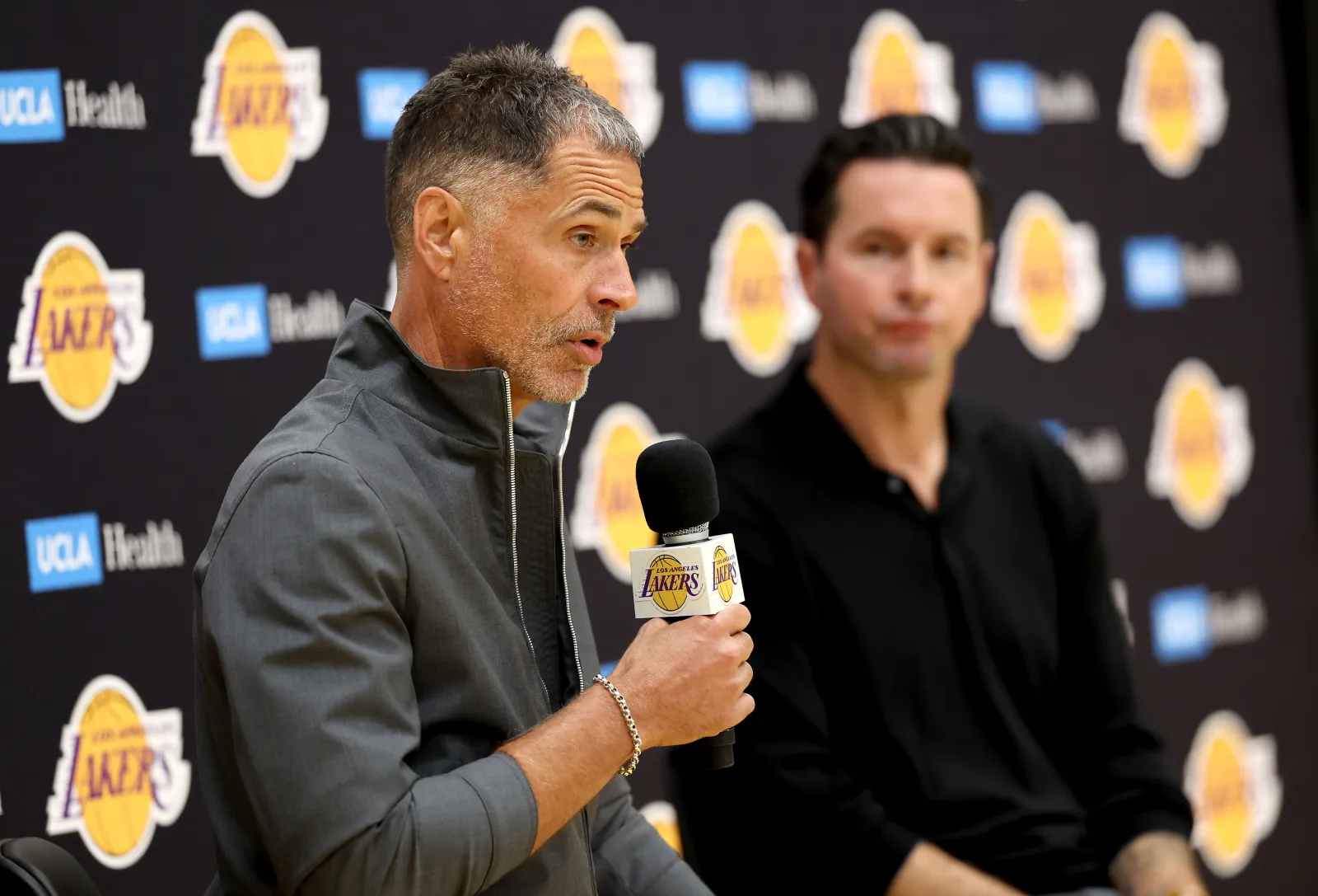 EL SEGUNDO, CALIFORNIA - SEPTEMBER 25: General Manager Rob Pelinka of the Los Angeles Lakers speaks with media during a press conference at UCLA Health Training Center on September 25, 2025 in El Segundo, California. NOTE TO USER: User expressly acknowledges and agrees that, by downloading and or using this photograph, User is consenting to the terms and conditions of the Getty Images License Agreement. (Photo by Katelyn Mulcahy/Getty Images)