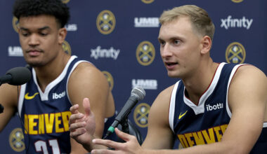 DENVER, COLORADO - SEPTEMBER 29: Hunter Tyson and Spencer Jones of the Denver Nuggets field questio...