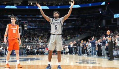 WASHINGTON, DC - NOVEMBER 15: KJ Lewis #5 of the Georgetown Hoyas celebrates a win after a college basketball game against the Clemson Tigers at Capital One Arena on November 15, 2025 in Washington, DC. (Photo by Mitchell Layton/Getty Images)