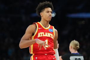 PHOENIX, ARIZONA - NOVEMBER 16: Jalen Johnson #1 of the Atlanta Hawks reacts after scoring a three-point basket during the first half against the Phoenix Suns at Mortgage Matchup Center on November 16, 2025 in Phoenix, Arizona. NOTE TO USER: User expressly acknowledges and agrees that, by downloading and or using this photograph, User is consenting to the terms and conditions of the Getty Images License Agreement. (Photo by Kelsey Grant/Getty Images)