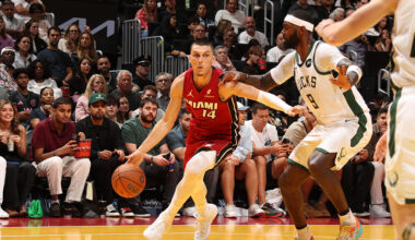 MIAMI, FL - NOVEMBER 26: Tyler Herro #14 of the Miami Heat drives to the basket during the game against the Milwaukee Bucks during the 2025-26 Emirates Cup on November 26, 2025 at Kaseya Center in Miami, Florida. NOTE TO USER: User expressly acknowledges and agrees that, by downloading and or using this Photograph, user is consenting to the terms and conditions of the Getty Images License Agreement. Mandatory Copyright Notice: Copyright 2025 NBAE (Photo by Issac Baldizon/NBAE via Getty Images)