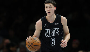 NEW YORK, NEW YORK - NOVEMBER 28: Egor Demin #8 of the Brooklyn Nets dribbles during the first half against the Philadelphia 76ers at Barclays Center on November 28, 2025 in the Brooklyn borough of New York City. NOTE TO USER: User expressly acknowledges and agrees that, by downloading and or using this photograph, User is consenting to the terms and conditions of the Getty Images License Agreement. (Photo by Sarah Stier/Getty Images)
