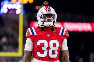 FOXBOROUGH, MASSACHUSETTS - DECEMBER 1: Rhamondre Stevenson #38 of the New England Patriots looks on prior to an NFL football game against the New York Giants at Gillette Stadium on December 01, 2025 in Foxborough, Massachusetts. (Photo by Michael Owens/Getty Images)