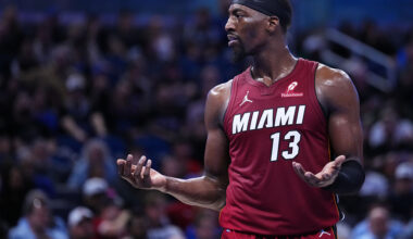 ORLANDO, FLORIDA - DECEMBER 05: Bam Adebayo #13 of the Miami Heat reacts against the Orlando Magic during the fourth quarter at Kia Center on December 05, 2025 in Orlando, Florida. NOTE TO USER: User expressly acknowledges and agrees that, by downloading and/or using this photograph, user is consenting to the terms and conditions of the Getty Images License Agreement. (Photo by Rich Storry/Getty Images)