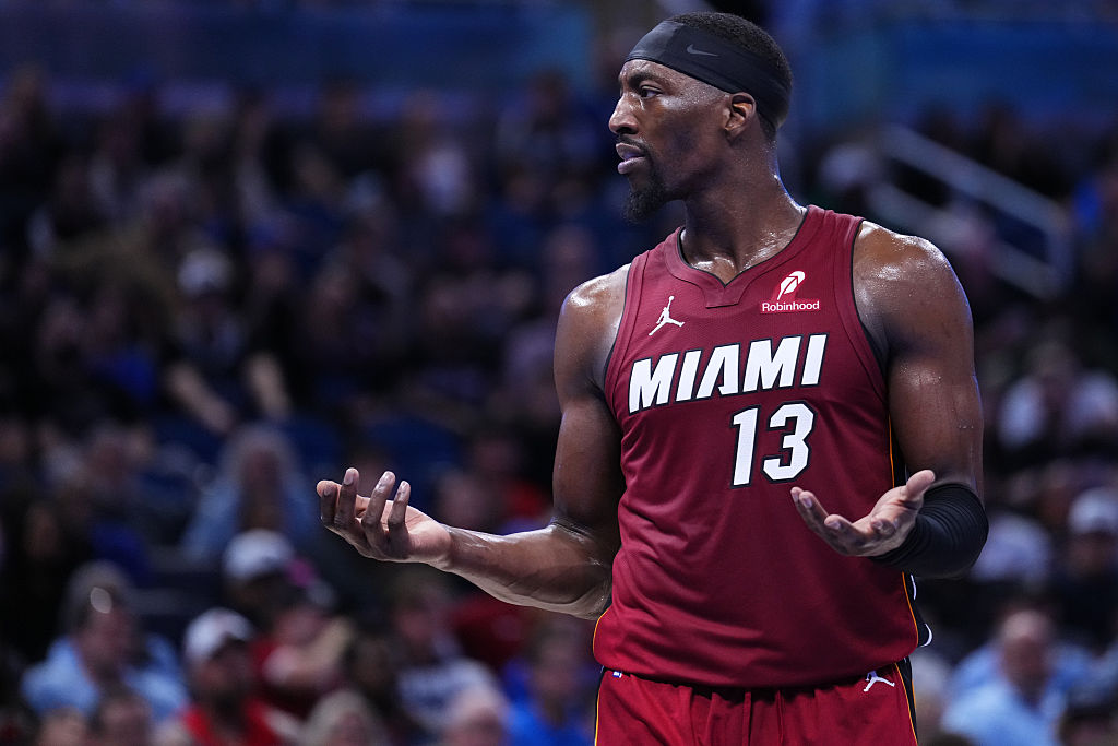 ORLANDO, FLORIDA - DECEMBER 05: Bam Adebayo #13 of the Miami Heat reacts against the Orlando Magic during the fourth quarter at Kia Center on December 05, 2025 in Orlando, Florida. NOTE TO USER: User expressly acknowledges and agrees that, by downloading and/or using this photograph, user is consenting to the terms and conditions of the Getty Images License Agreement. (Photo by Rich Storry/Getty Images)