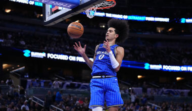 ORLANDO, FLORIDA - DECEMBER 05: Anthony Black #0 of the Orlando Magic dunks the ball against the Miami Heat during the third quarter at Kia Center on December 05, 2025 in Orlando, Florida.