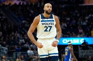 SAN FRANCISCO, CALIFORNIA - DECEMBER 12: Rudy Gobert #27 of the Minnesota Timberwolves reacts after slam dunking over Quinten Post #21 of the Golden State Warriors in the second half of an NBA basketball game at Chase Center on December 12, 2025 in San Francisco, California. NOTE TO USER: User expressly acknowledges and agrees that, by downloading and or using this photograph, User is consenting to the terms and conditions of the Getty Images License Agreement. (Photo by Thearon W. Henderson/Getty Images)