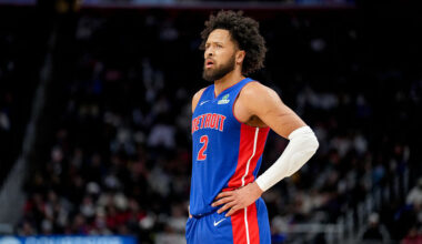 DETROIT, MICHIGAN - DECEMBER 12: Cade Cunningham #2 of the Detroit Pistons looks on against the Atlanta Hawks at Little Caesars Arena on December 12, 2025 in Detroit, Michigan. NOTE TO USER: User expressly acknowledges and agrees that, by downloading and or using this photograph, User is consenting to the terms and conditions of the Getty Images License Agreement. (Photo by Nic Antaya/Getty Images)