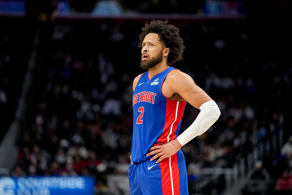 DETROIT, MICHIGAN - DECEMBER 12: Cade Cunningham #2 of the Detroit Pistons looks on against the Atlanta Hawks at Little Caesars Arena on December 12, 2025 in Detroit, Michigan. NOTE TO USER: User expressly acknowledges and agrees that, by downloading and or using this photograph, User is consenting to the terms and conditions of the Getty Images License Agreement. (Photo by Nic Antaya/Getty Images)