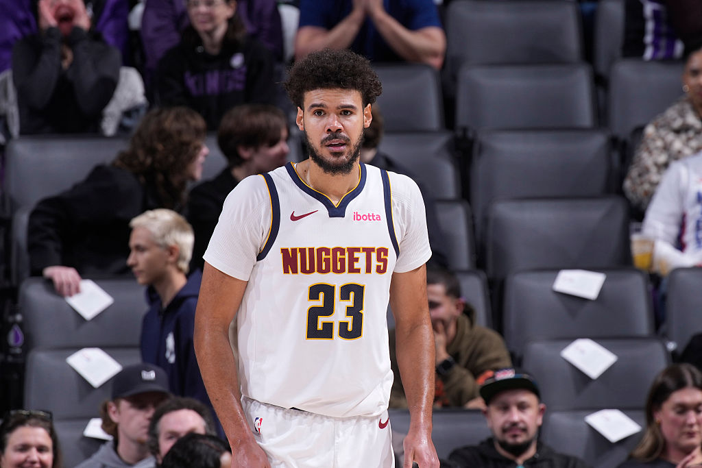SACRAMENTO, CA - DECEMBER 11: Cameron Johnson #23 of the Denver Nuggets looks on during the game against the Sacramento Kings on December 11, 2025 at Golden 1 Center in Sacramento, California. NOTE TO USER: User expressly acknowledges and agrees that, by downloading and or using this photograph, User is consenting to the terms and conditions of the Getty Images Agreement. Mandatory Copyright Notice: Copyright 2025 NBAE (Photo by Rocky Widner/NBAE via Getty Images)