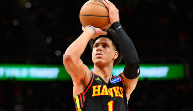 ATLANTA, GA - DECEMBER 21: Jalen Johnson #1 of the Atlanta Hawks shoots a free throw during the game against the Chicago Bulls on December, 21, 2025 at State Farm Arena in Atlanta, Georgia. NOTE TO USER: User expressly acknowledges and agrees that, by downloading and/or using this Photograph, user is consenting to the terms and conditions of the Getty Images License Agreement. Mandatory Copyright Notice: Copyright 2025 NBAE (Photo by Adam Hagy/NBAE via Getty Images)