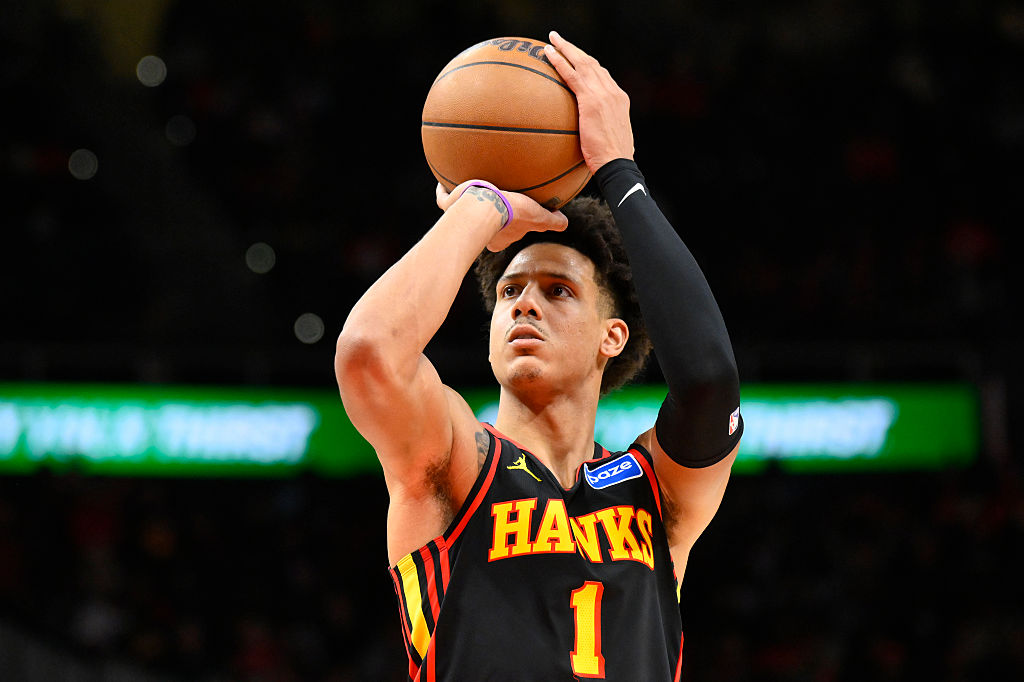 ATLANTA, GA - DECEMBER 21: Jalen Johnson #1 of the Atlanta Hawks shoots a free throw during the game against the Chicago Bulls on December, 21, 2025 at State Farm Arena in Atlanta, Georgia. NOTE TO USER: User expressly acknowledges and agrees that, by downloading and/or using this Photograph, user is consenting to the terms and conditions of the Getty Images License Agreement. Mandatory Copyright Notice: Copyright 2025 NBAE (Photo by Adam Hagy/NBAE via Getty Images)