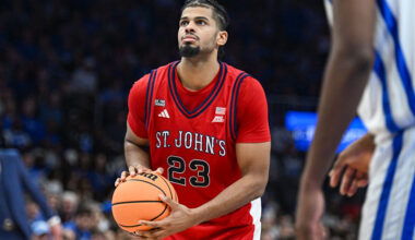 ATLANTA, GA - DECEMBER 20: St. John's forward Bryce Hopkins (23) shoots a free throw during the college basketball game between the St. John's Red Storm and the Kentucky Wildcats on December 20th, 2025 at State Farm Arena in Atlanta, GA. (Photo by Rich von Biberstein/Icon Sportswire via Getty Images)